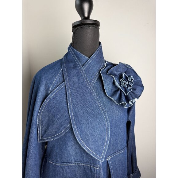Psophia NWOT Denim Mini Dress Flower Brooch Size XS Luxury Designer Retro - Picture 3 of 13